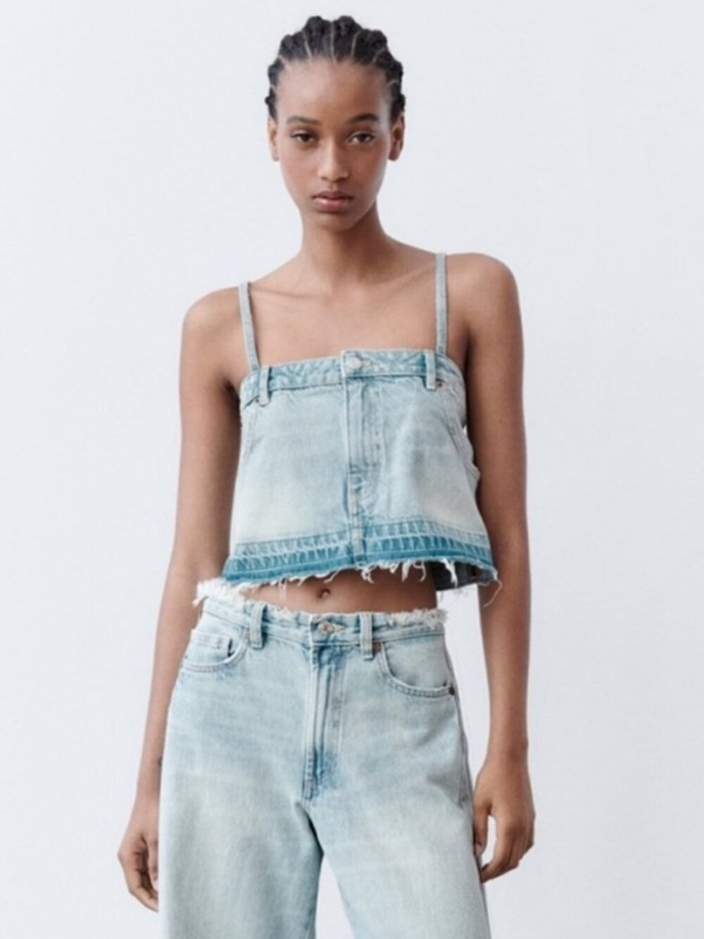 Zara Denim Skirt Effect Crop Top XS Y2K Strappy Jean Bustier Top